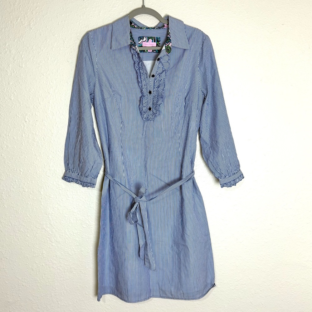 Lilly Pulitzer white Blue Striped Button-Up Dress ruffle neck and sleeves sz 10
